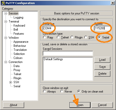 Putty setup for the serial console